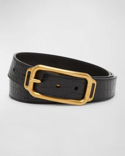 Tom Ford 3cm Glossed Croc-effect Leather Belt In Black