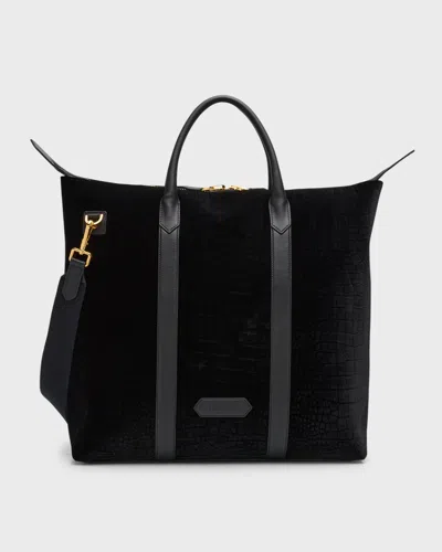 Tom Ford Men's Croc-effect Velvet And Leather North/south Tote Bag In Black