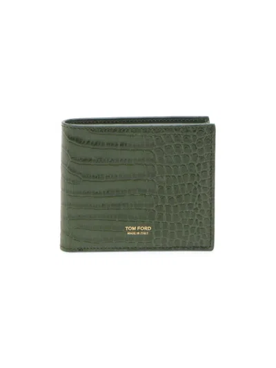 Tom Ford Men's Croc-embossed T-line Classic Bifold Wallet In Green
