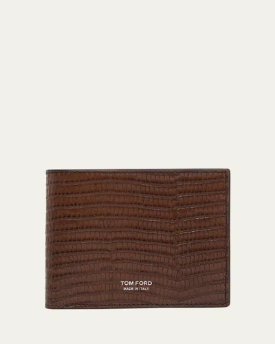 Tom Ford Men's Croc-effect Leather Bifold Wallet In Caramel