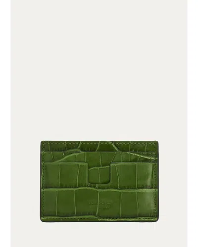 Tom Ford Men's Croc-effect Leather T-line Card Holder In Green