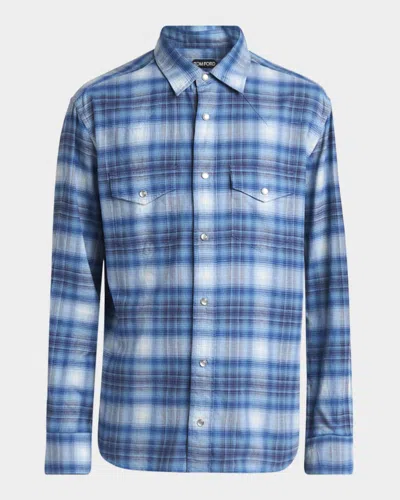Tom Ford Men's Defused Check Slim Fit Western Shirt In Blue