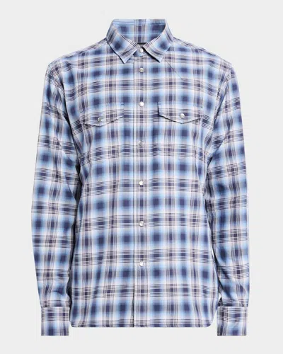 Tom Ford Men's Degrade Plaid Western Shirt In Blue Pattern