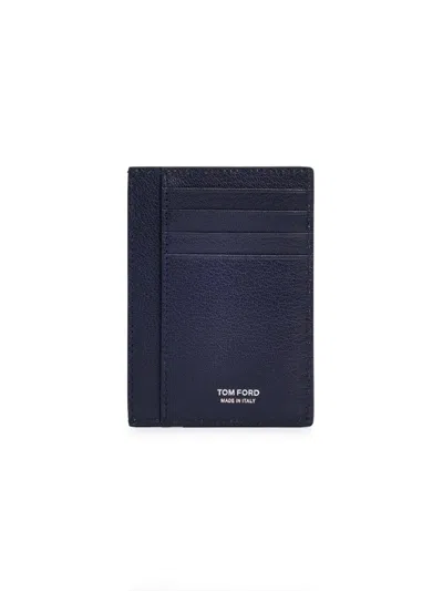 Tom Ford Men's Elongated T Line Leather Card Case In Blue