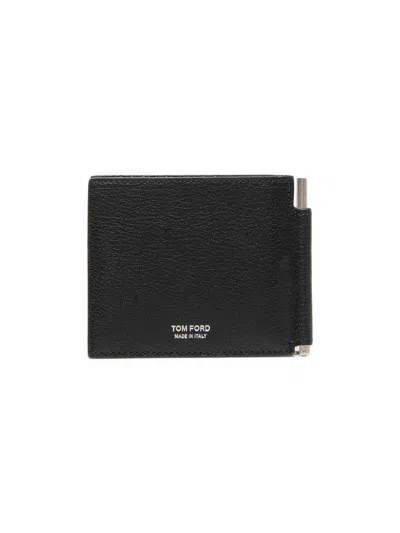 Tom Ford Men's Elongated T-line Leather Money Clip Wallet In Black