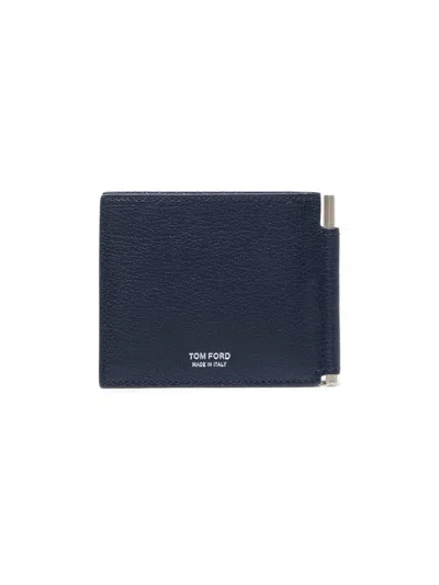 Tom Ford Men's Elongated T-line Leather Money Clip Wallet In Blue
