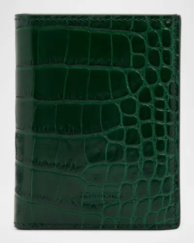 Tom Ford Men's Exotic Line Croc-effect Bifold Wallet In Green