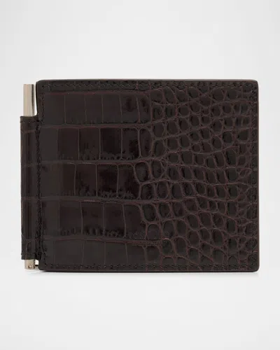 Tom Ford Men's Exotic Line Croc-effect Money Clip Wallet In Brown
