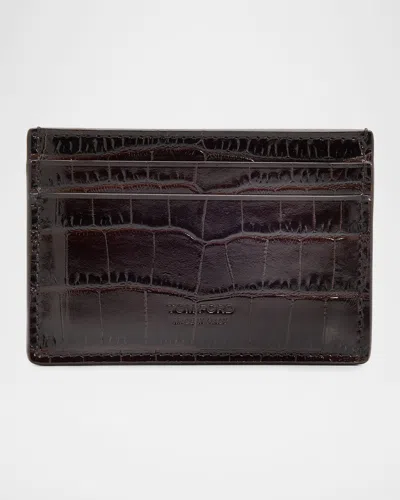 Tom Ford Men's Exotic Line Croc-embossed Leather Card Case In Burgundy