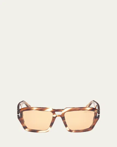 Tom Ford Men's Ft1202m Acetate Rectangle Sunglasses In Striped Brown Yellow/orange