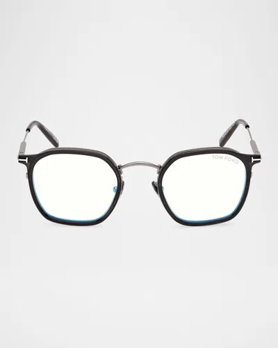 Tom Ford Men's Ft5974-bm Square Blue-block Optical Frames In Shiny Gunmeal Dark Havana Logoblue Block Lenses