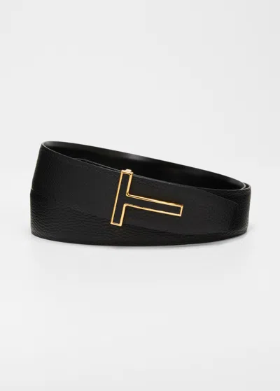 Tom Ford Men's Grained Leather T-buckle Belt In Black