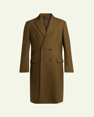 Tom Ford Men's High-twist Twill Double-breasted Overcoat In Brown