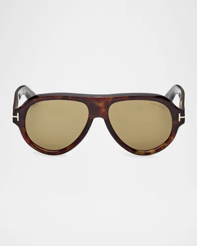 Tom Ford Men's Icon Collection Acetate Aviator Sunglasses In Shiny Dark Havana