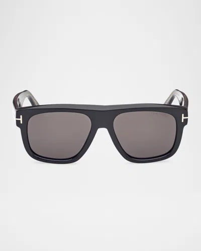 Tom Ford Men's Icon Collection Sunglasses In Shiny Black Shiny Crysal Logosmoke Lenses