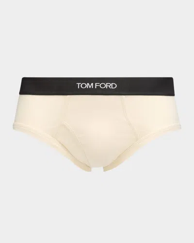 Tom Ford Men's Jacquard Logo Cotton Briefs In Chalk