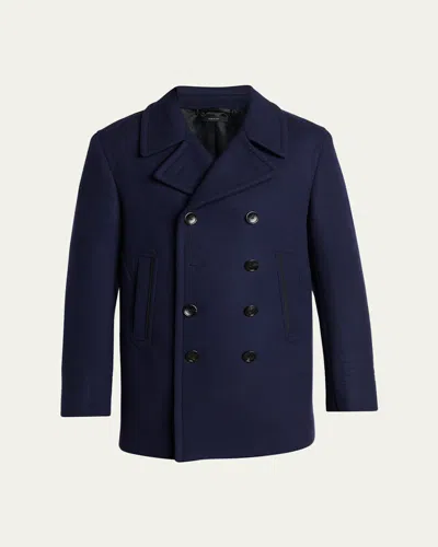 Tom Ford Men's Japanese Felt Double-breasted Short Peacoat In Blue