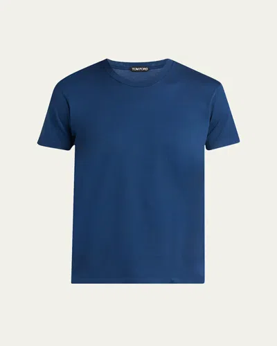Tom Ford Mens Sea Blue Crewneck Regular-fit Cotton-blend T-shirt