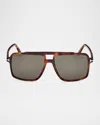 Tom Ford Men's Kemp Acetate Rectangle Sunglasses In Havana/t Logo/green Lenses