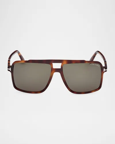 Tom Ford Men's Kemp Acetate Rectangle Sunglasses In Havana/t Logo/green Lenses