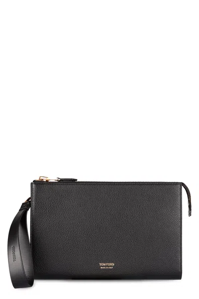 Tom Ford Pebbled-leather Logo-print Clutch In Black