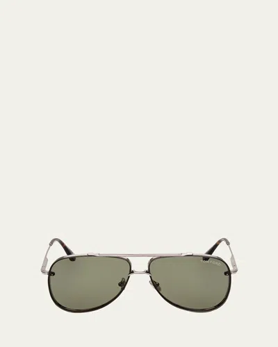 Tom Ford Men's Leon Metal Aviator Sunglasses In Shiny Light Ruthenium