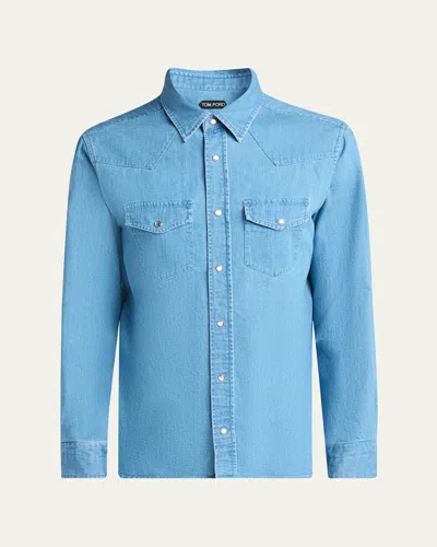 Tom Ford Men's Light Japanese Denim Slim Fit Western Shirt In Blue