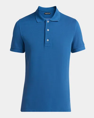 Tom Ford Men's Lyocell Pique Polo Shirt In Denim Blue