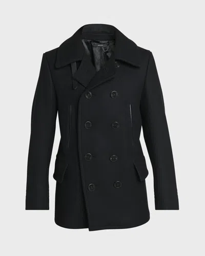 Tom Ford Men's Melton Double-breasted Peacoat In Black