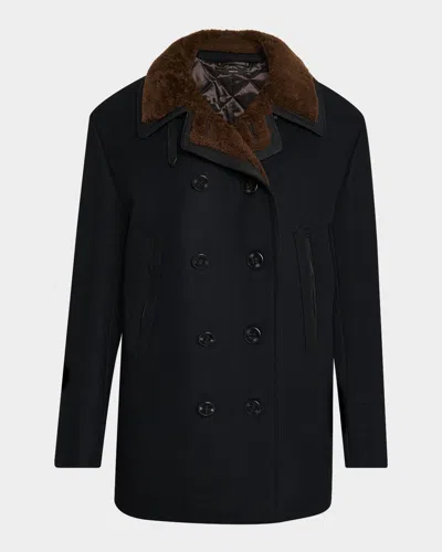Tom Ford Men's Melton Wool Shearling Double-breasted Peacoat In Black