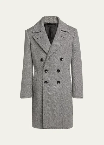 Tom Ford Men's Mouline Wool Double-breasted Coat In Black &amp; White