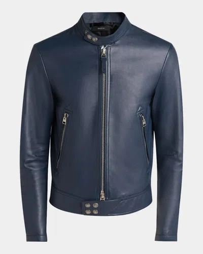 Tom Ford Men's Napa Leather Full-zip Racer Jacket In Midnight Navy