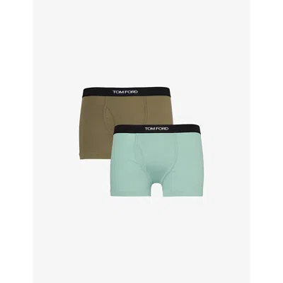 Tom Ford Branded-waistband Pack Of Two Stretch-cotton Boxer Briefs In Pale Mint / Dark Sage