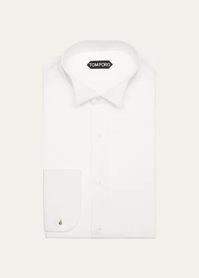 Tom Ford Men's Cotton Piqué Dress Shirt With French Cuffs In White