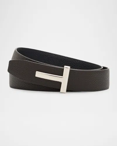 Tom Ford Men's Reversible T-buckle Grained Leather Belt In Brown