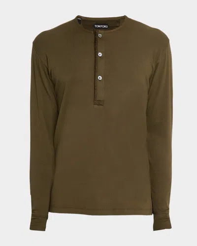 TOM FORD MEN'S RIBBED LONG-SLEEVE HENLEY TEE