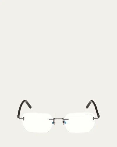 Tom Ford Men's Rimless Rectangle Blue Light-blocking Glasses In Shiny Dark Ruthenium Blue Block Lens