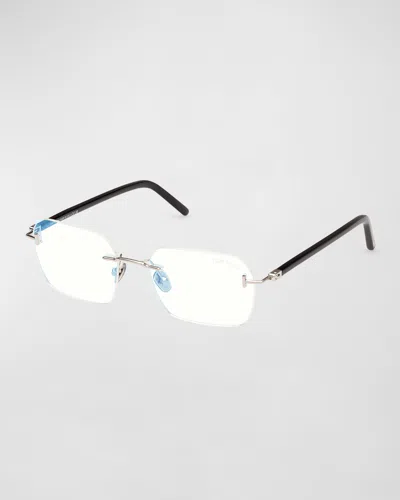 Tom Ford Men's Rimless Rectangle Blue Light-blocking Glasses In Shiny Palladium