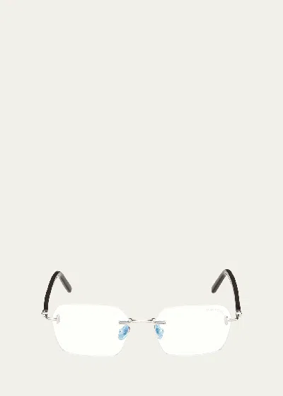 Tom Ford Men's Rimless Rectangle Blue Light-blocking Glasses In Shiny Palladium