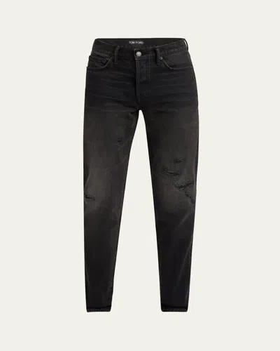 Tom Ford Men's Rip And Repair Straight-fit Jeans In Washed Bla