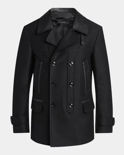 Tom Ford Men's Satin Leather-collar Peacoat In Black