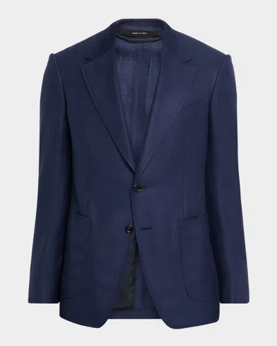Tom Ford Men's Shelton Wool, Silk And Linen Herringbone Single-breasted Sport Coat In Blue