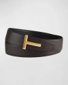Tom Ford Black Calfskin Leather Belt With Gold T Buckle In Black
