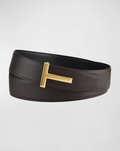 Tom Ford Men's Signature T Leather Belt In Brown / Black