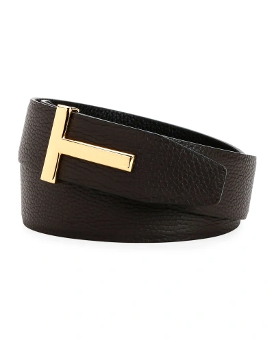 Tom Ford Men's Signature T Leather Belt In Brown / Black