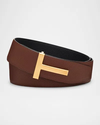 Tom Ford Men's Signature T Leather Belt In Mahogany 