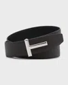Tom Ford Reversible Grain Leather T Belt For Men In Dual Shades In Brown