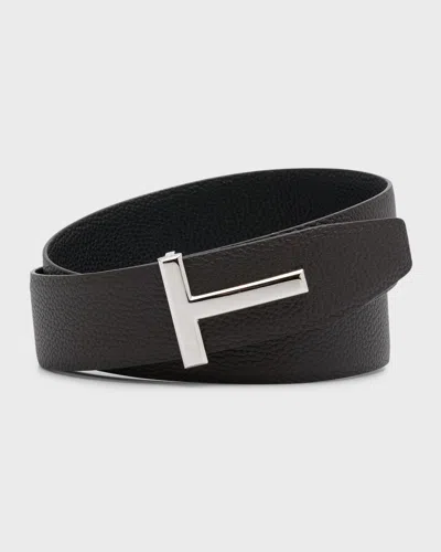 Tom Ford Men's Signature T Reversible Leather Belt In Brown