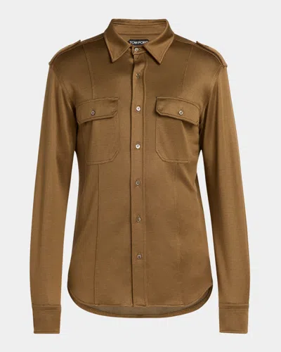Tom Ford Men's Silk-blend Military Shirt In Bronze Brown