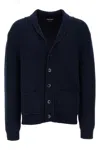 Tom Ford Silk Cardigan With Front Pockets And Shawl Collar In Blue